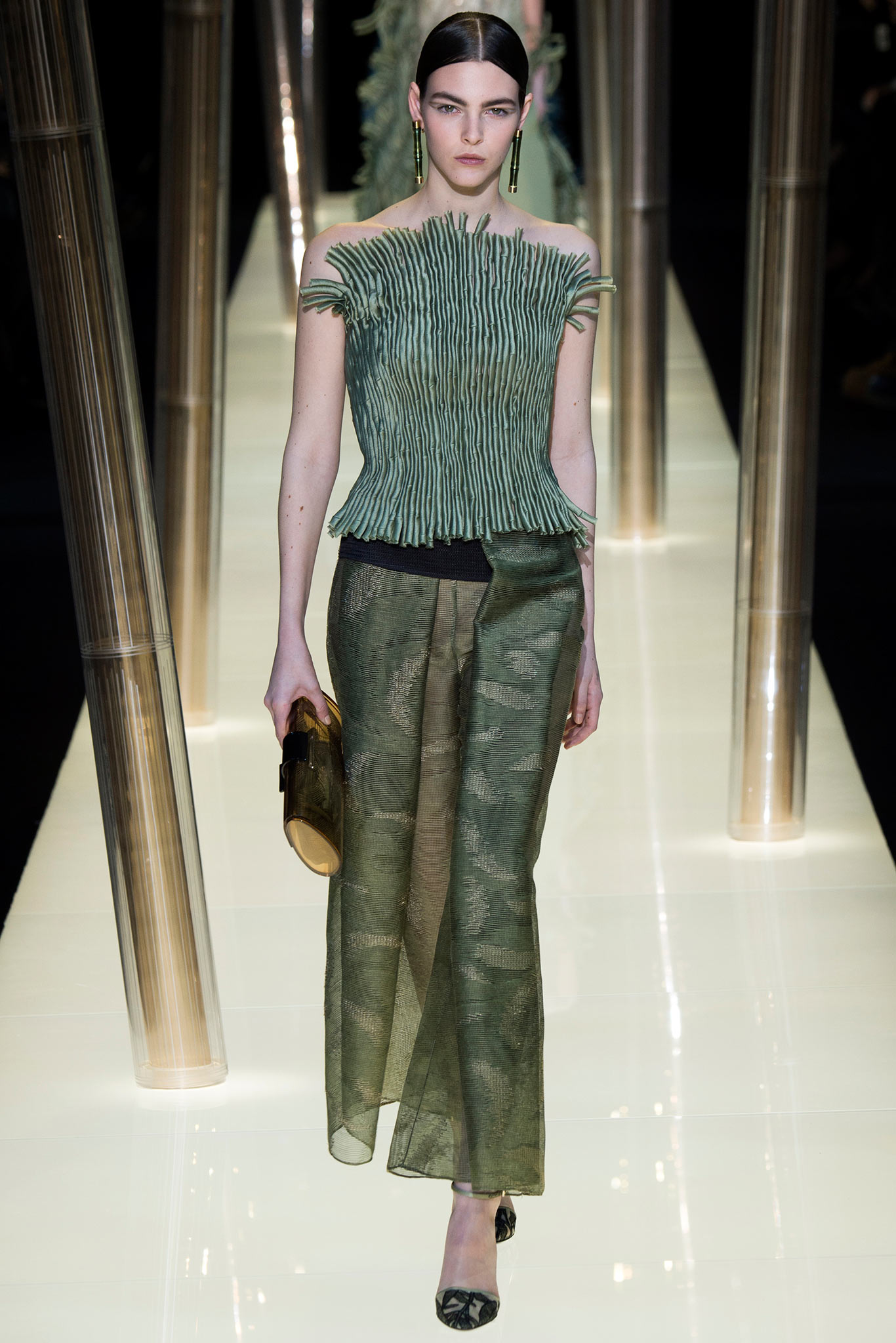 green silk sleeveless off-shoulder fitted pleated flowing top