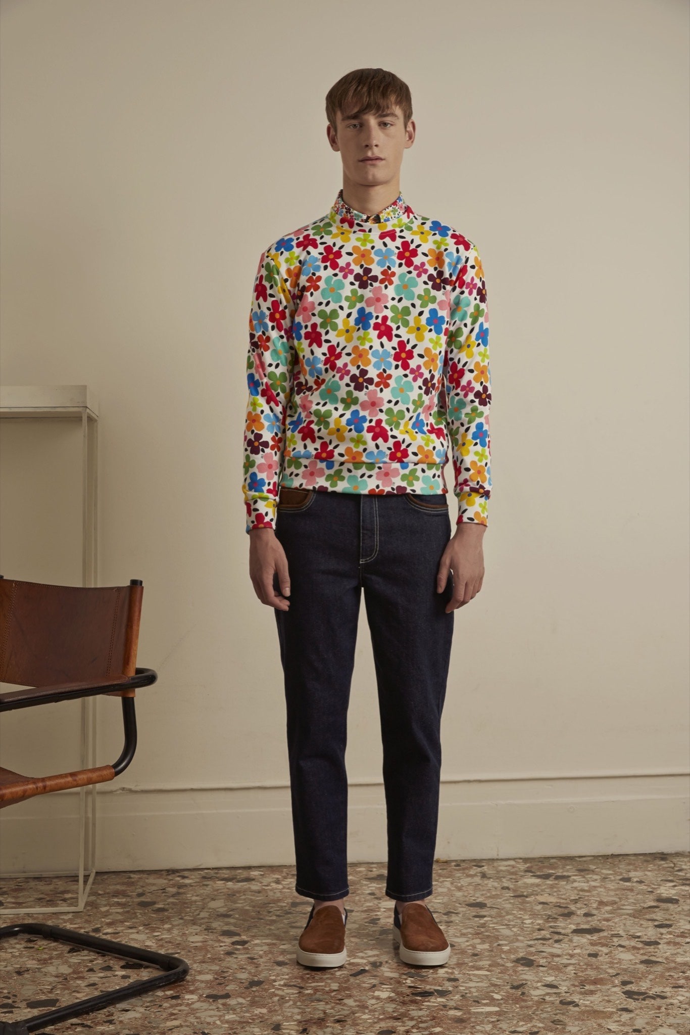multi-colored floral shirt with jeans