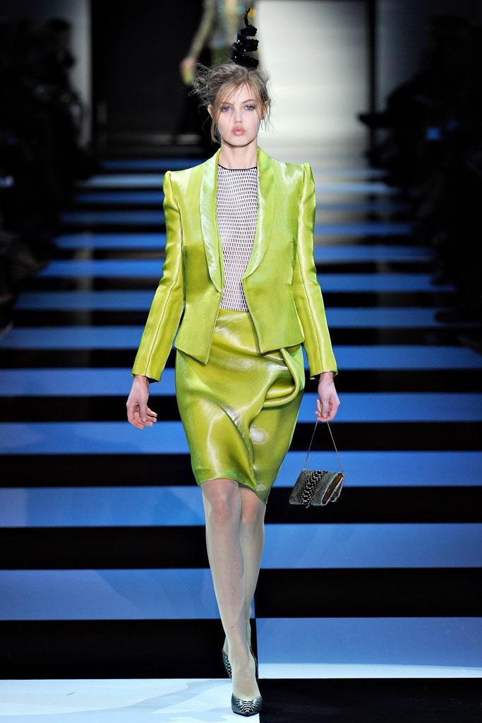 green silk tailored blazer and pencil skirt