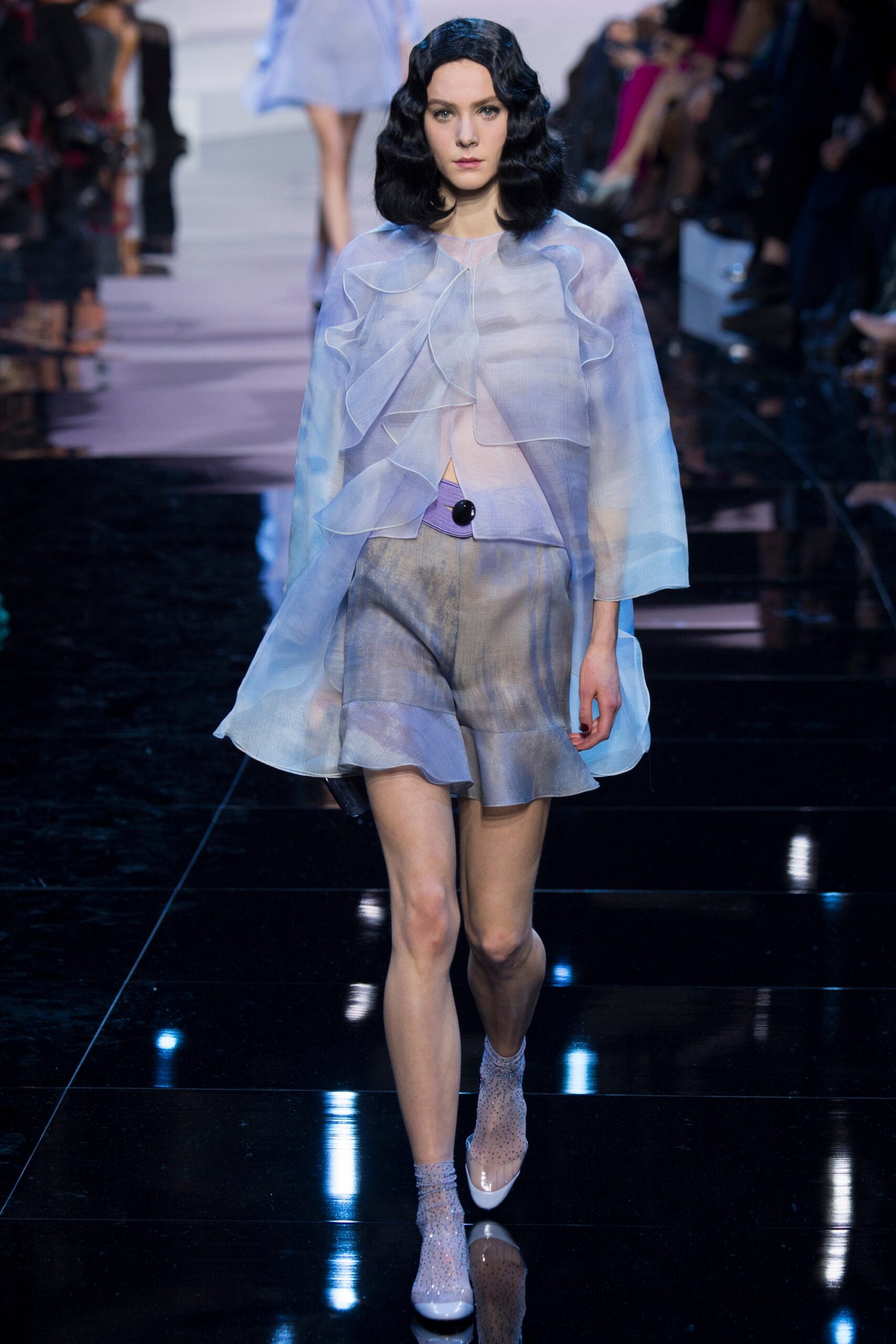 blue silk ruffled cape and mini skirt