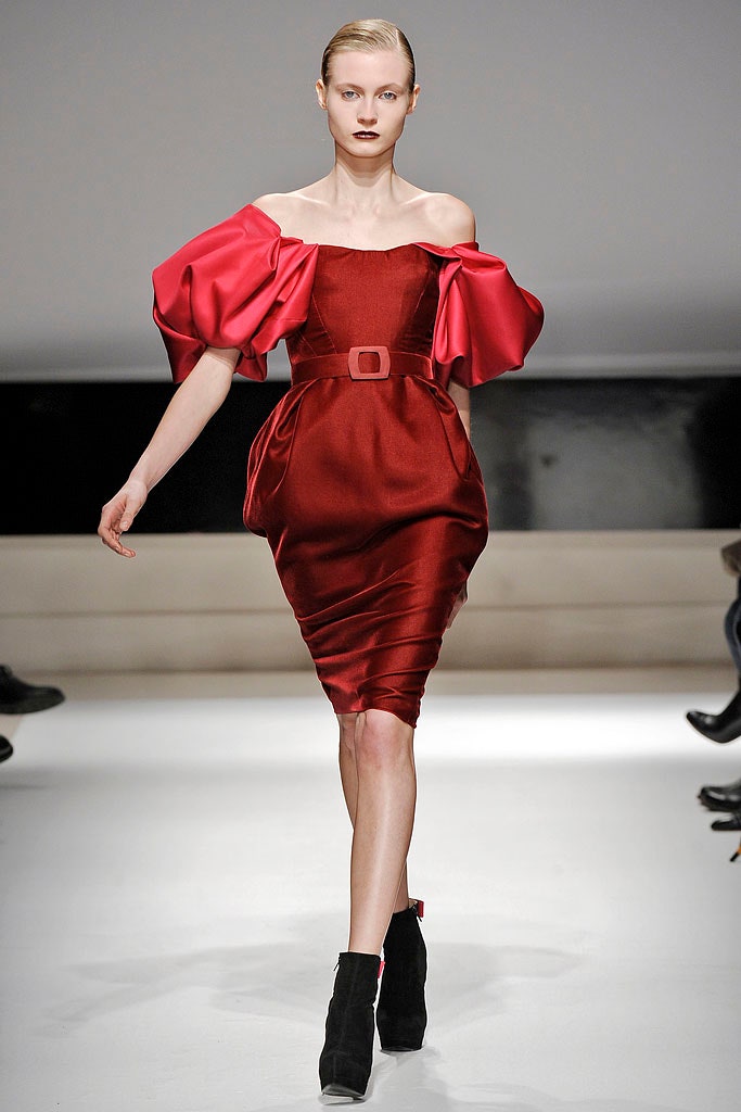 red silk off-shoulder dress