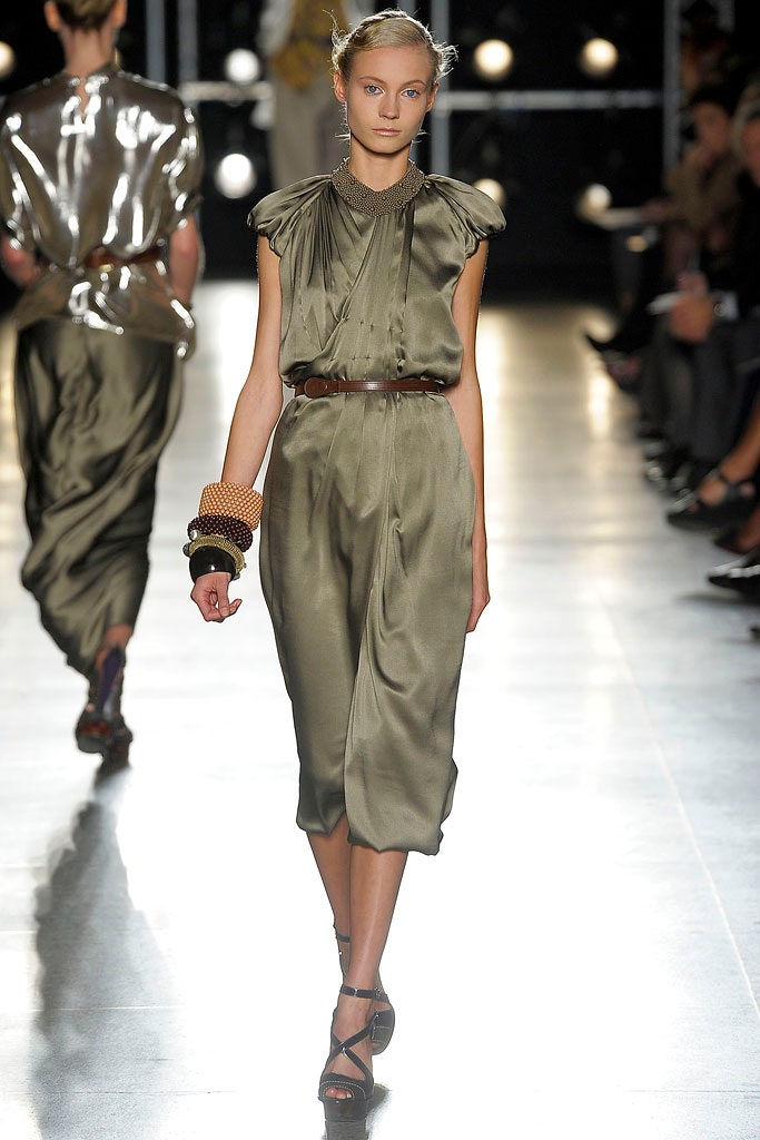 fitted green silk midi dress