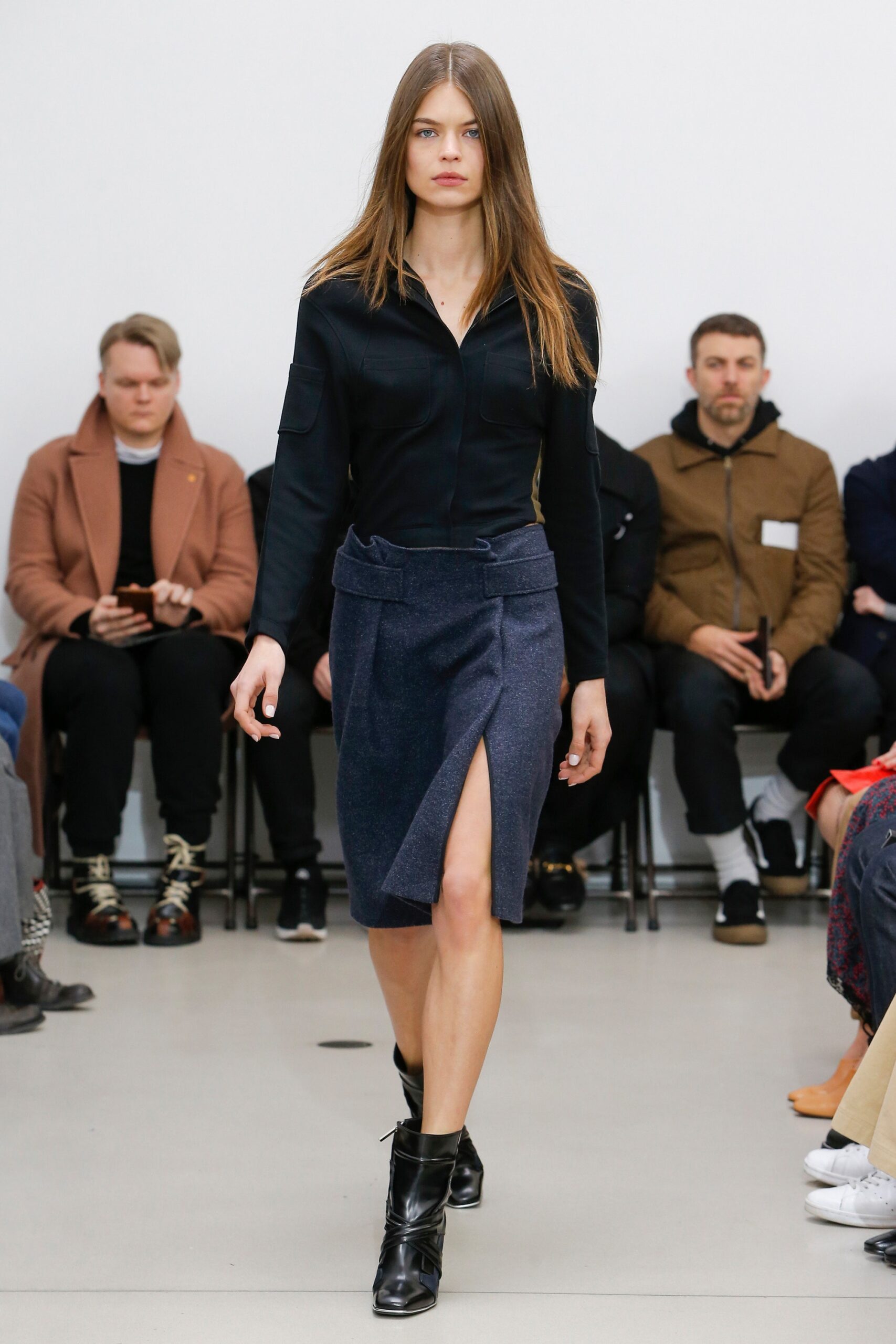 black fitted shirt blue pencil skirt