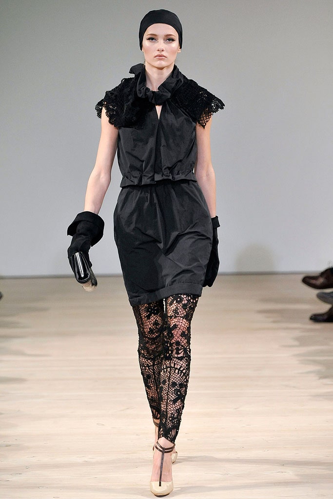 black silk mini dress with lace leggings