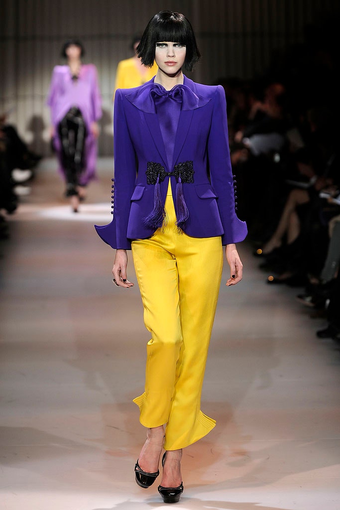 purple structured blazer with yellow pants