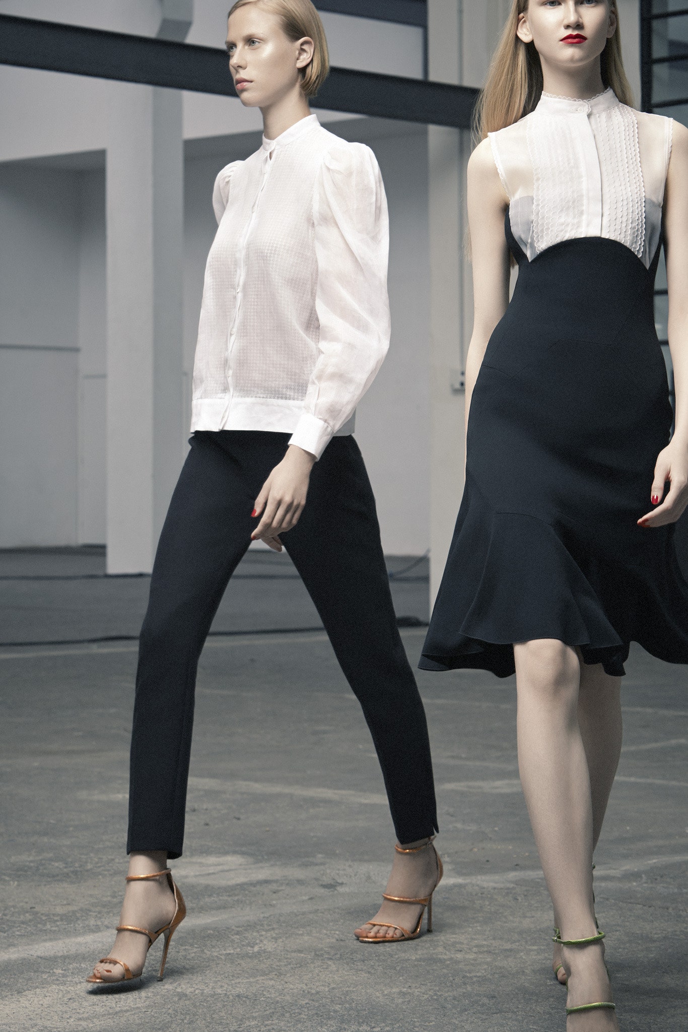 white blouse black midi dress
