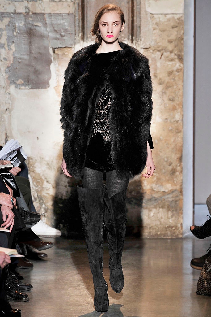 black faux-fur coat with velvet top
