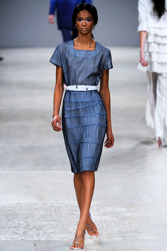 blue silk fitted midi dress