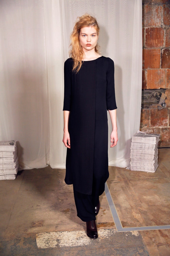 black midi dress with fitted pants