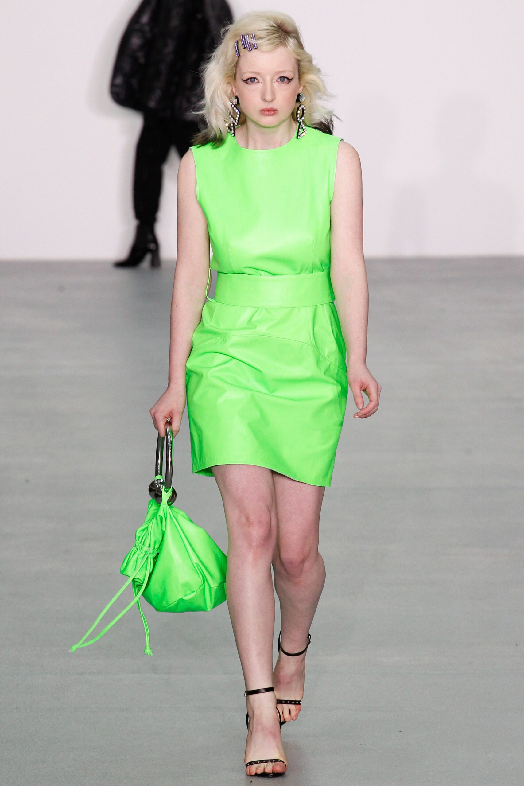 green vinyl sleeveless high-neck fitted pencil mini dress