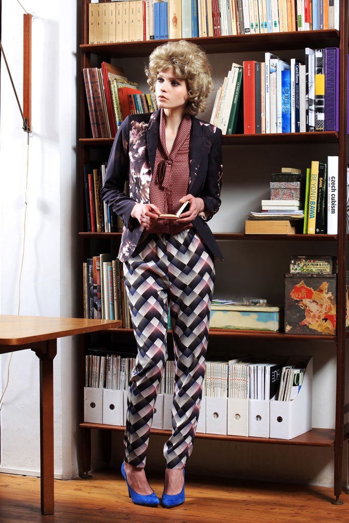 tailored black silk blazer with polka-dot blouse