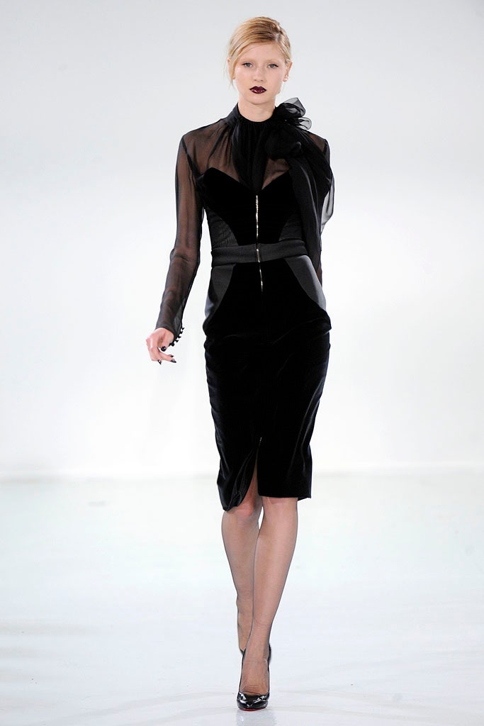 black velvet fitted midi dress and sheer blouse