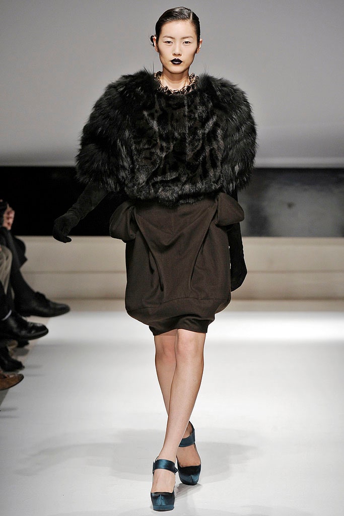 brown relaxed midi dress with black fur cape