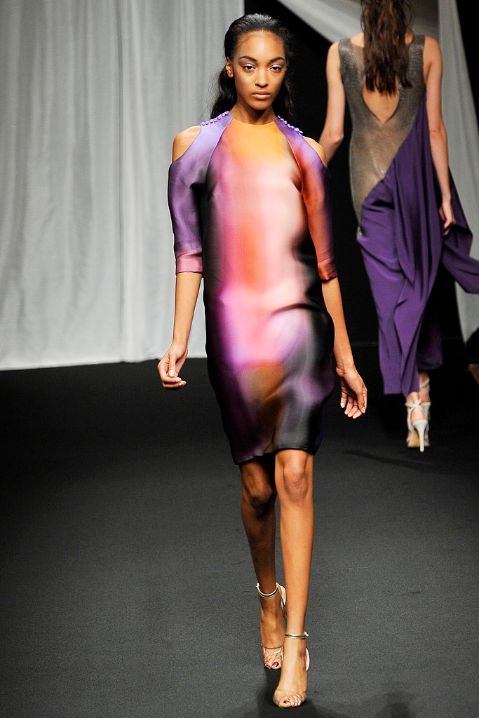 color-blocked silk off-shoulder dress