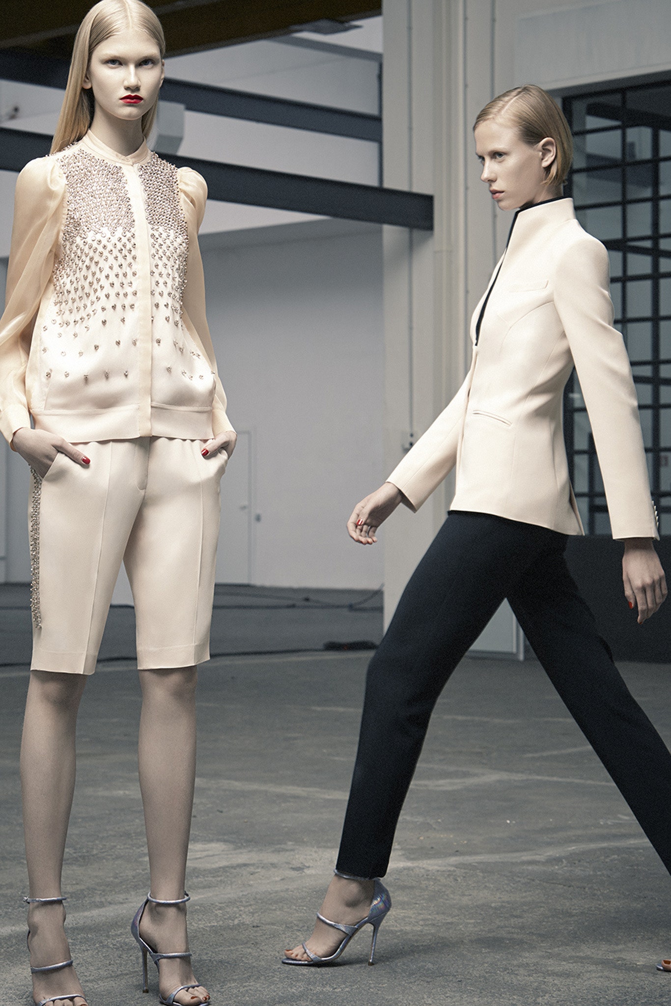 beige silk blouse and shorts
