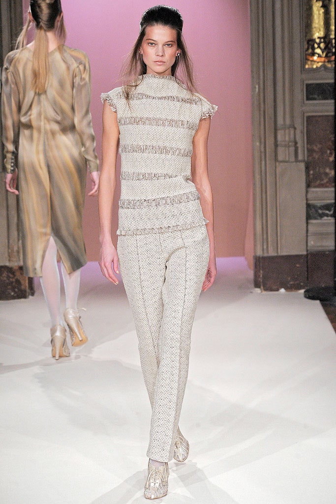 fitted white silk top and pants