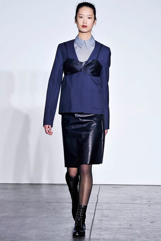 blue blazer black corset skirt