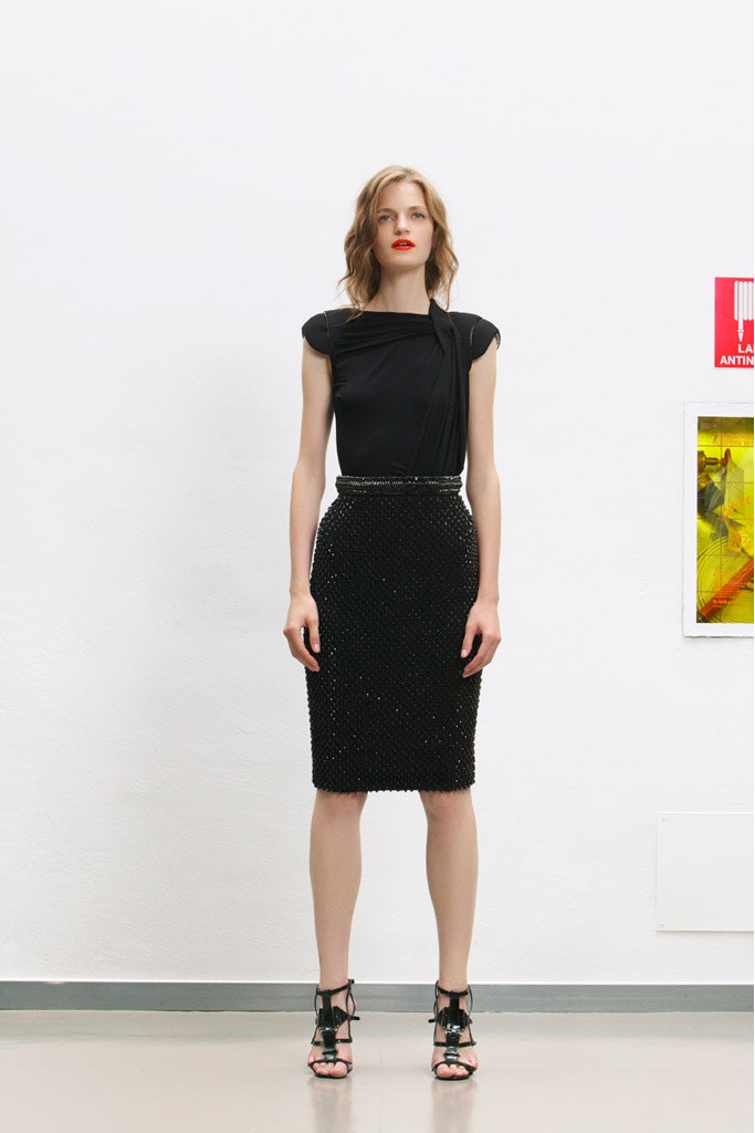black fitted top and pencil skirt