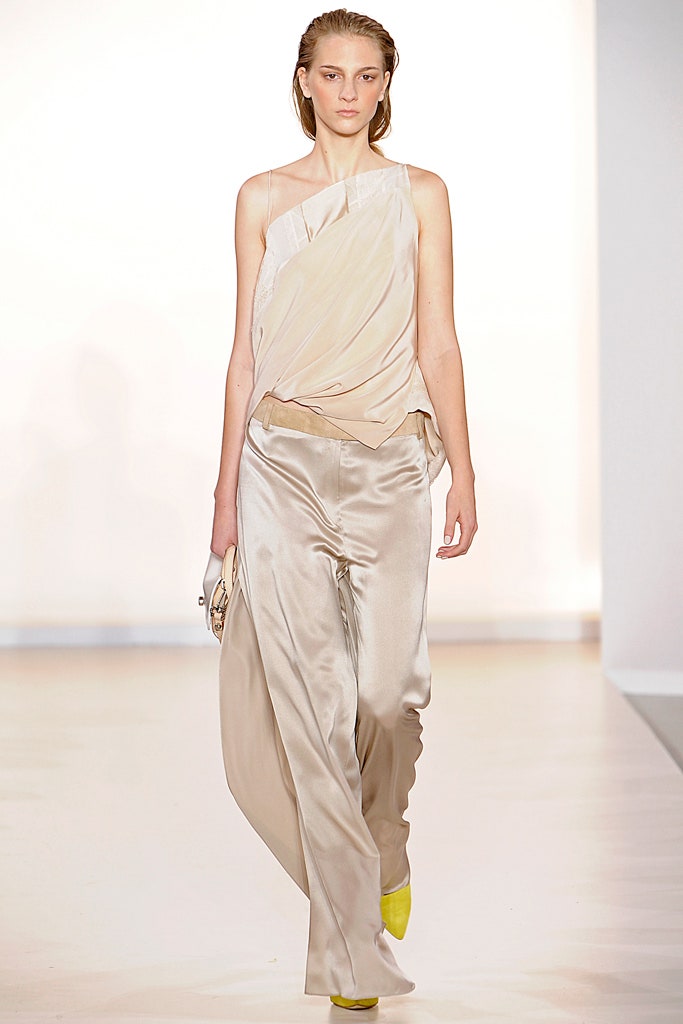beige silk fitted straight-leg shiny pants