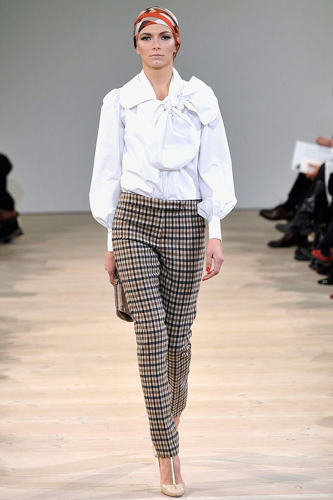 white blouse with checked pants