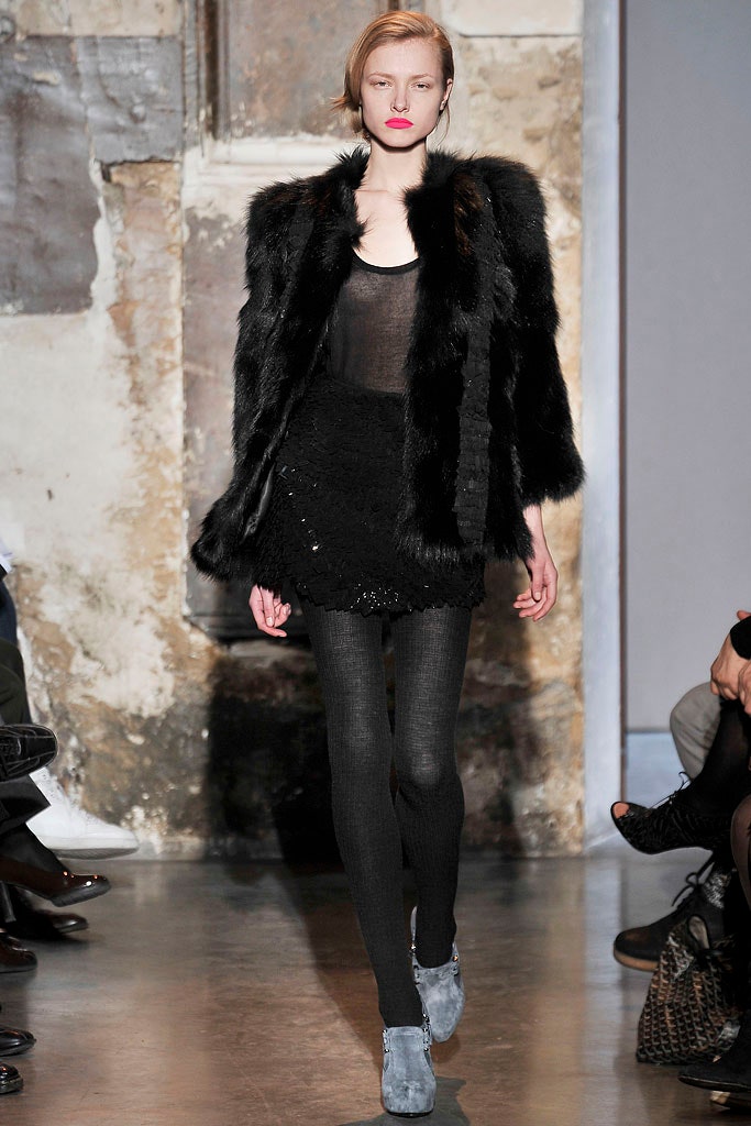 black faux-fur coat with mesh top