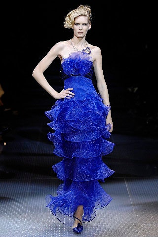 blue ruffled strapless gown
