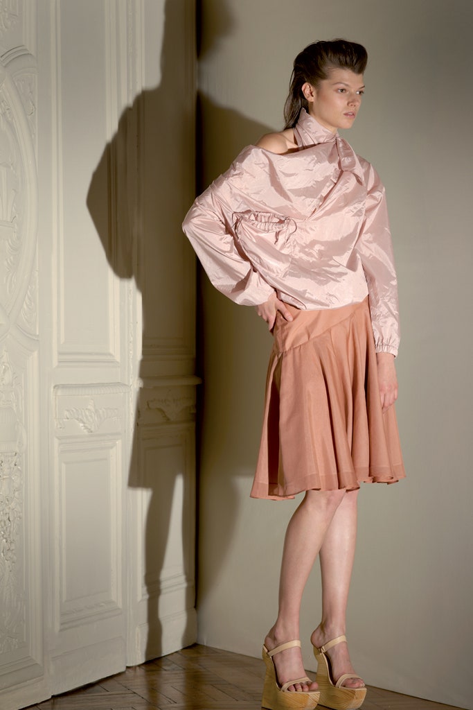 coral silk fitted flared mini skirt