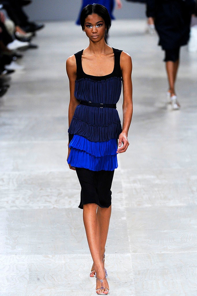 black and blue pleated midi dress