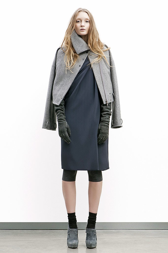 gray wool coat black silk dress