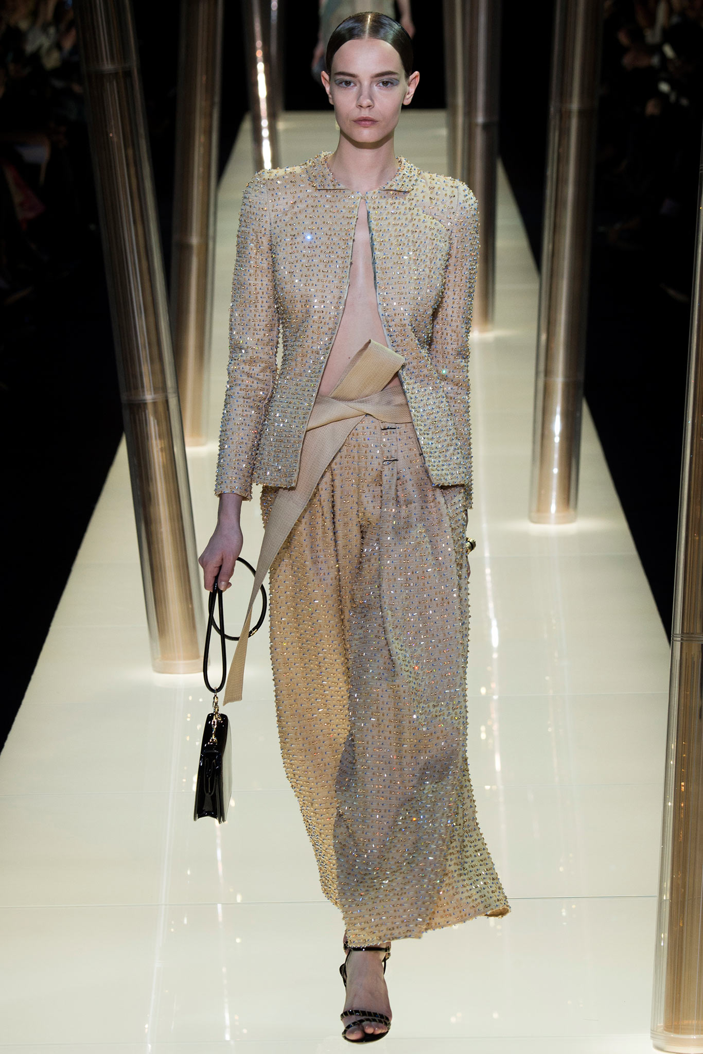 gold sequined tailored blazer and relaxed pants