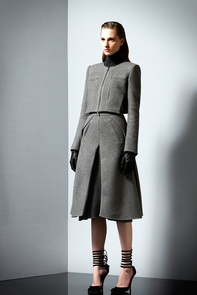 gray wool long-sleeve collared fitted zippered pleated coat