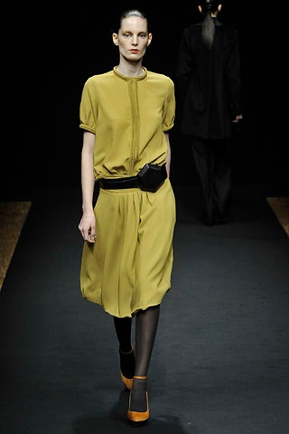 yellow silk short-sleeve collared relaxed pleated midi dress