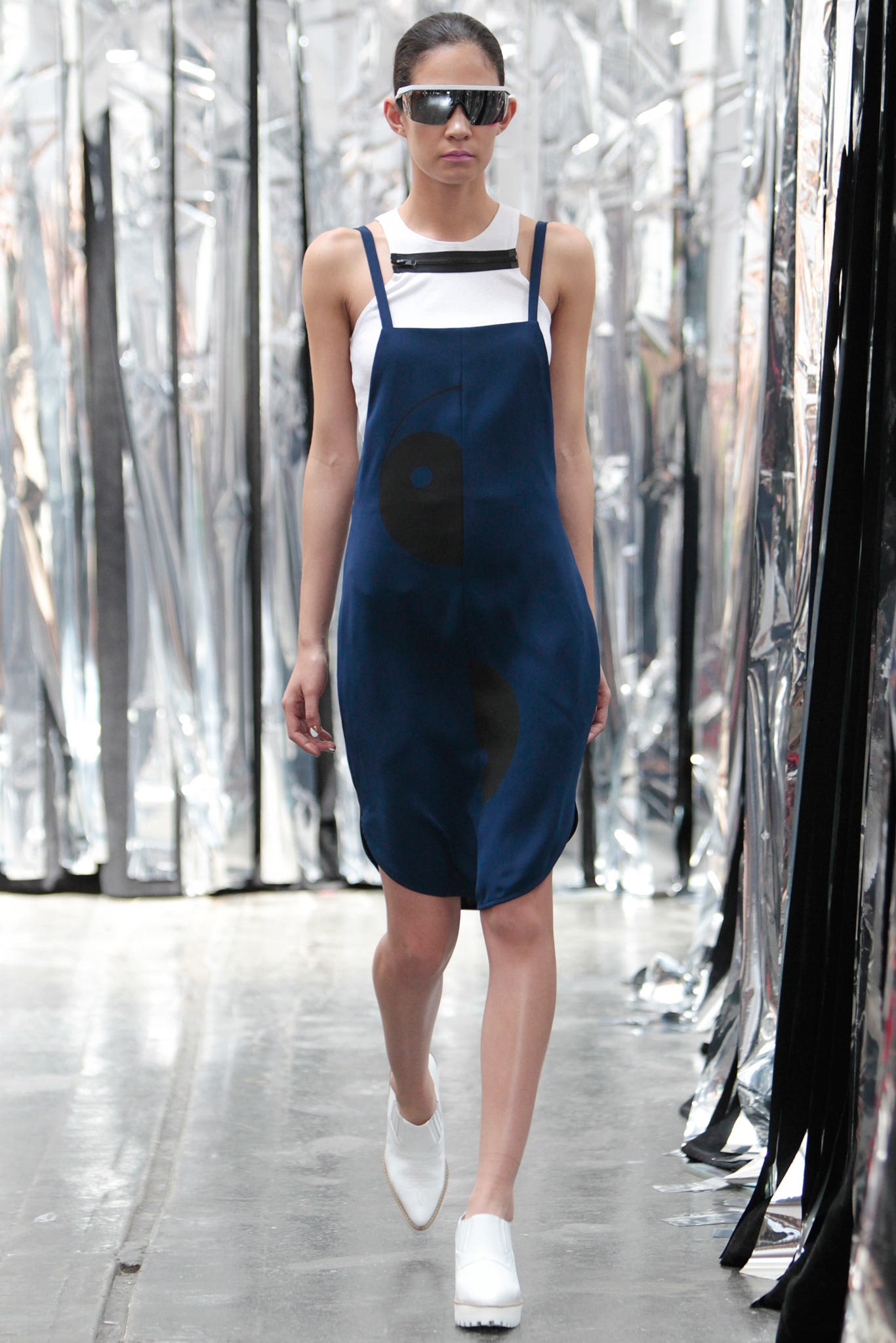 blue cotton sleeveless square-neck relaxed straight-leg mini dress
