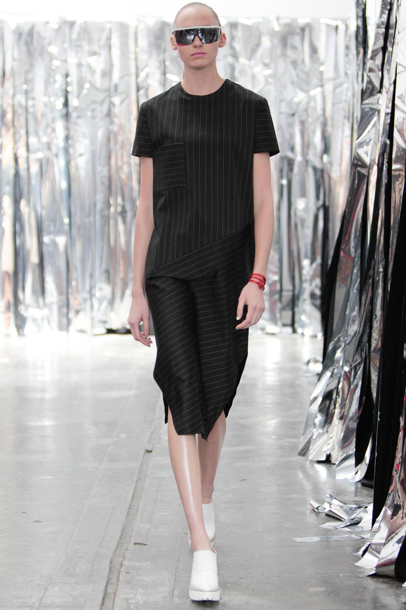 black cotton short-sleeve asymmetric relaxed striped midi dress