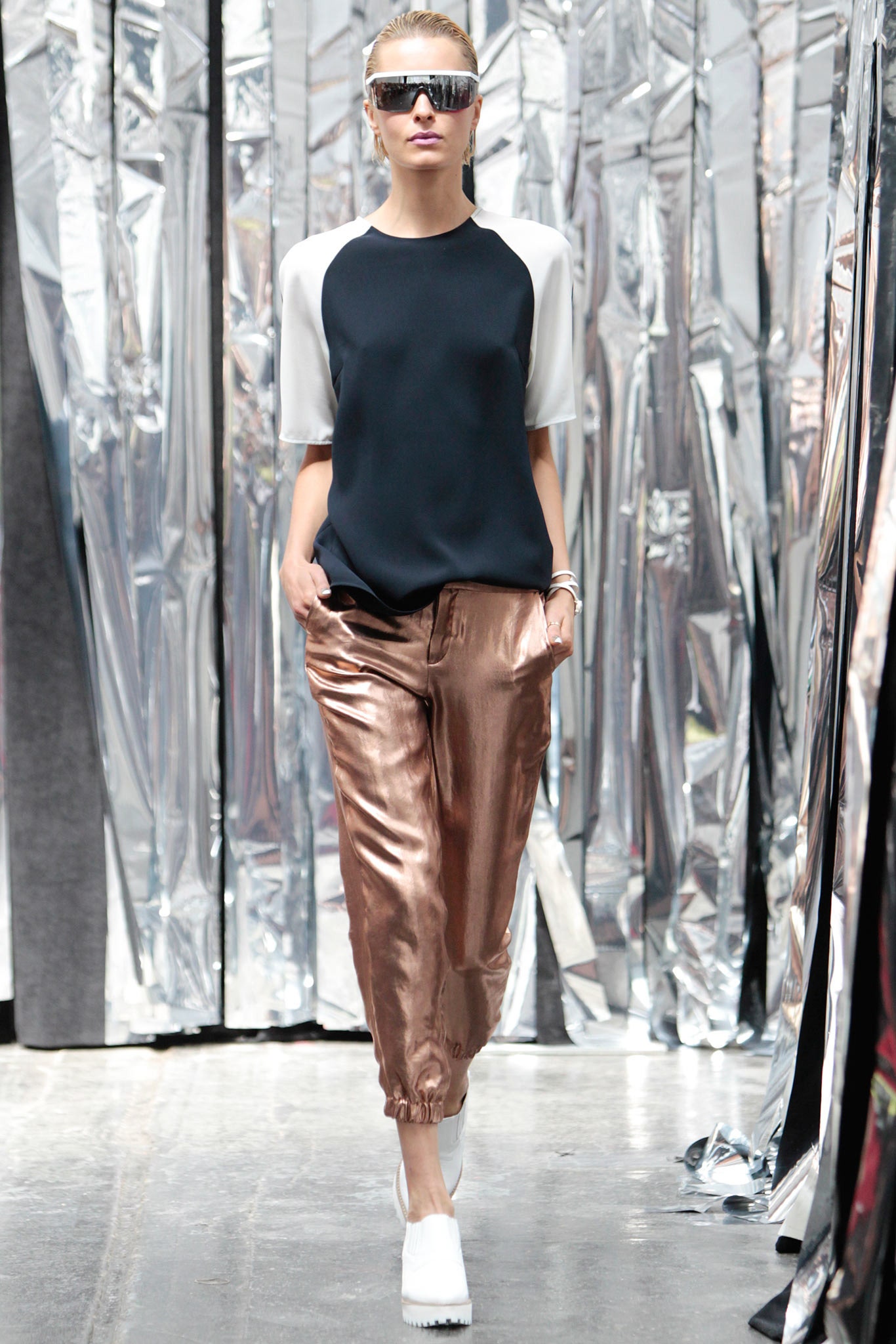 brown silk relaxed zippered shiny pants