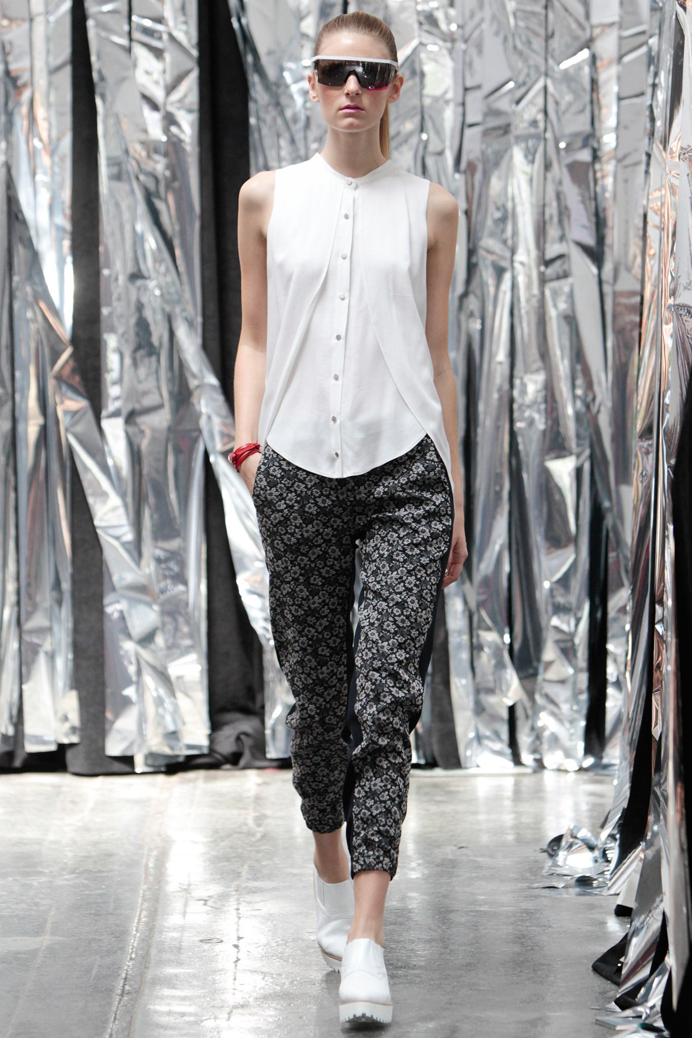 white fitted shirt with printed pants