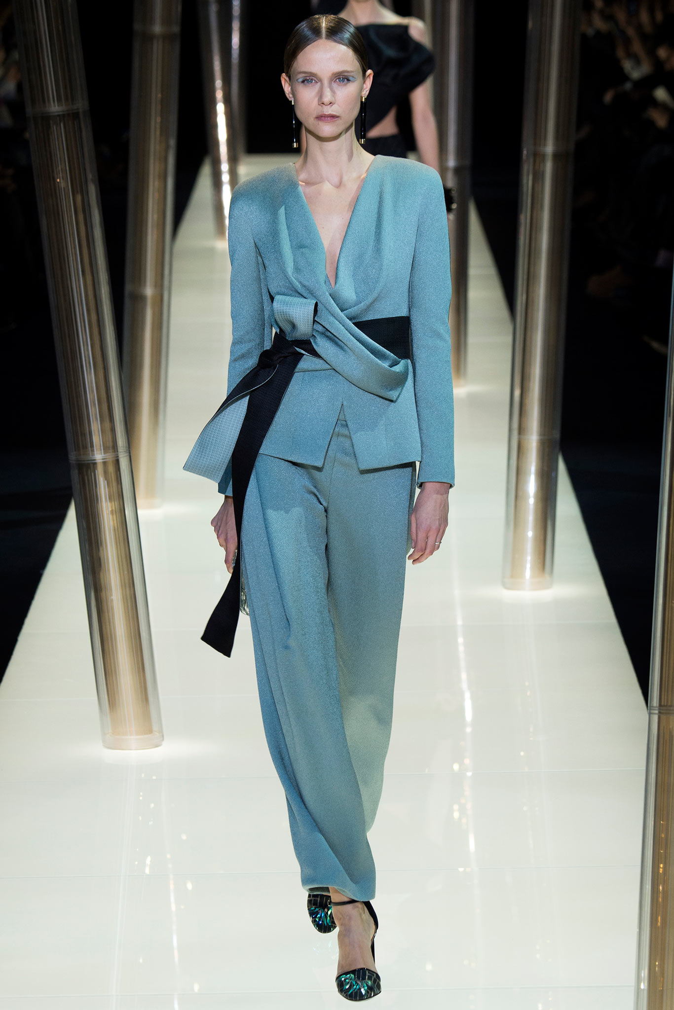 blue silk long-sleeve v-neck fitted belted suit