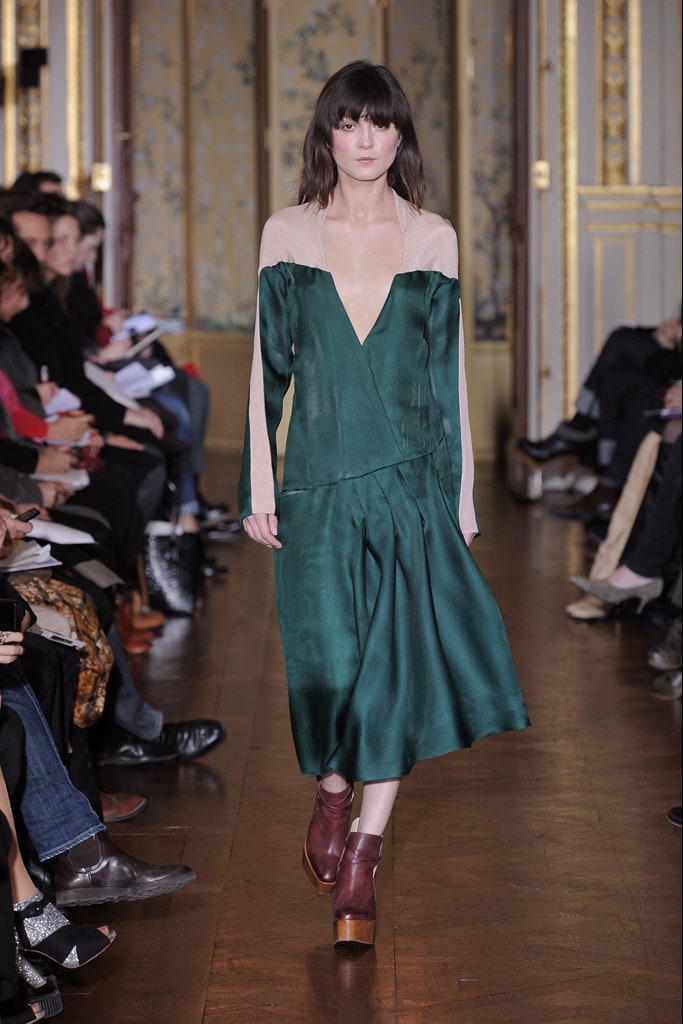 green silk long-sleeve dress