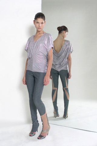 silver sequined top with gray pants