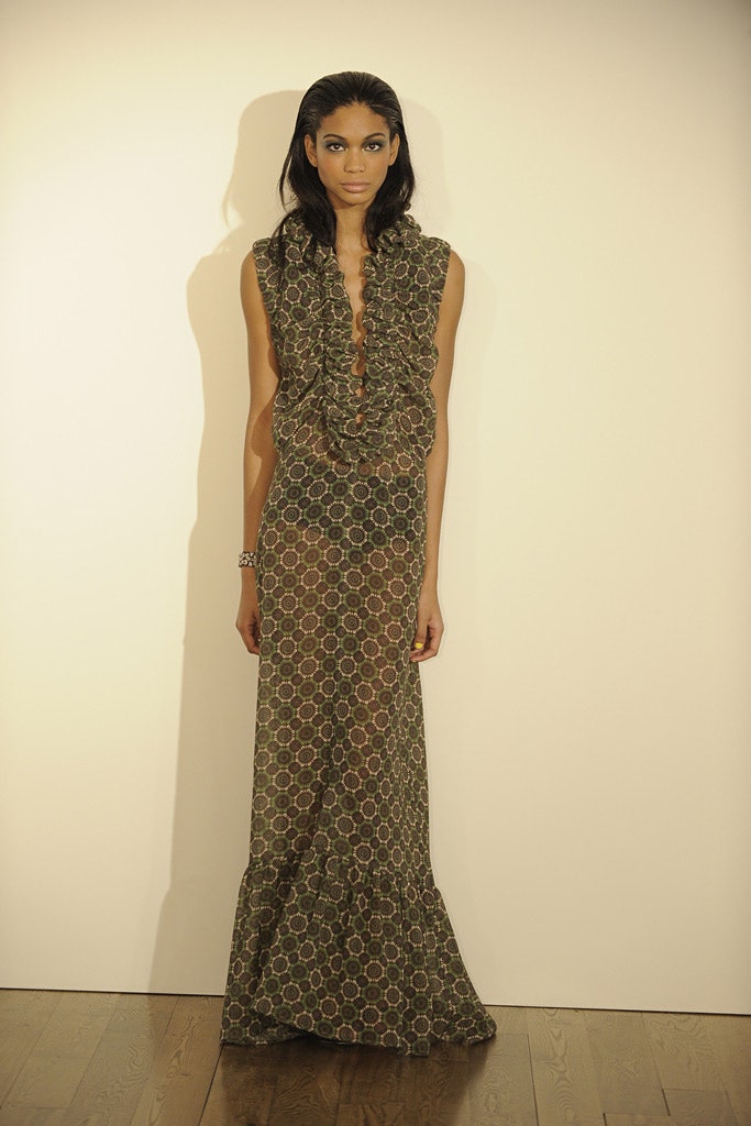 green brown ruffled maxi gown
