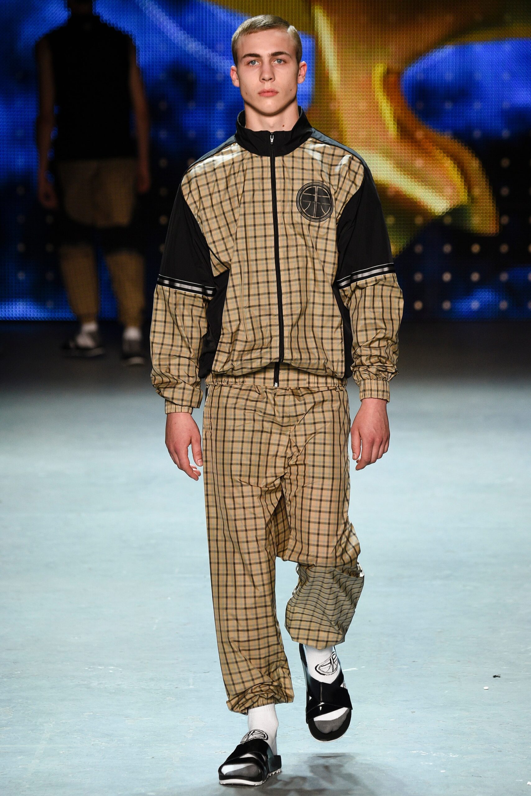 beige and black checked jacket and pants