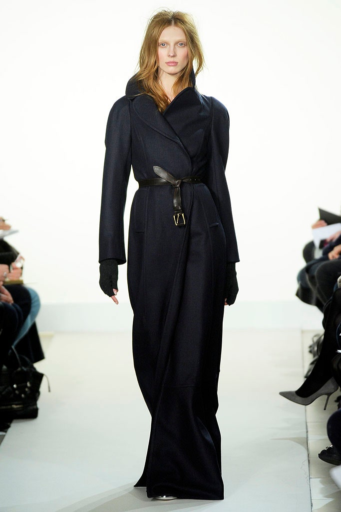 black wool belted coat with gloves