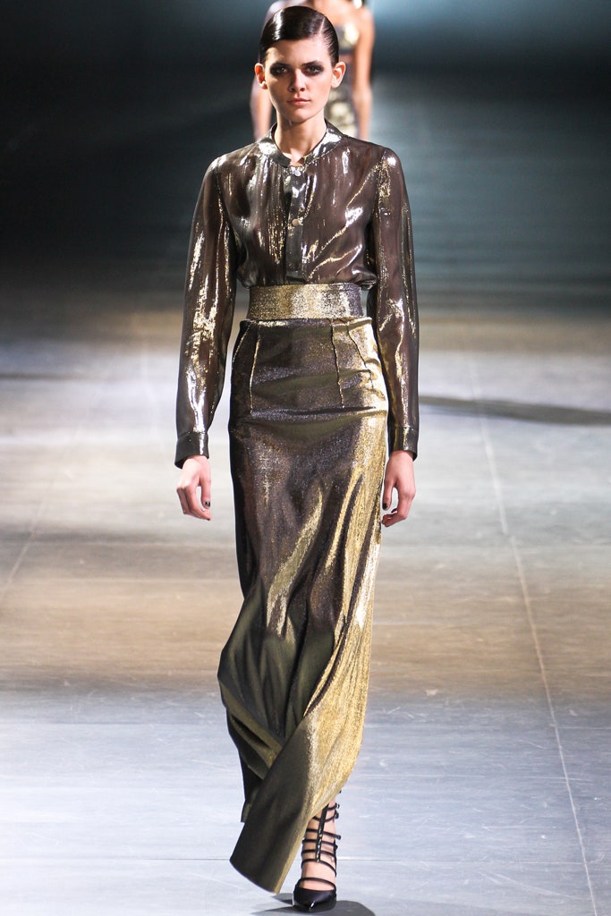 brown gold silk blouse and skirt