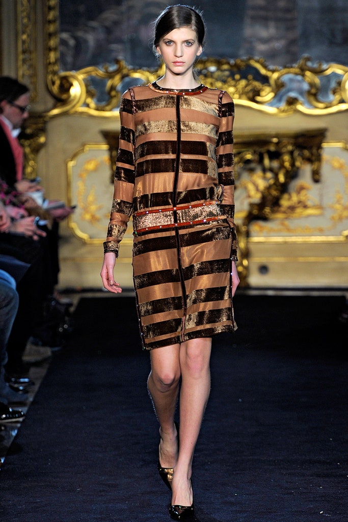brown and gold striped dress