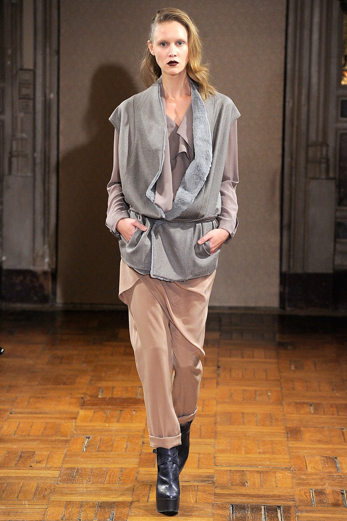 beige silk blouse gray vest