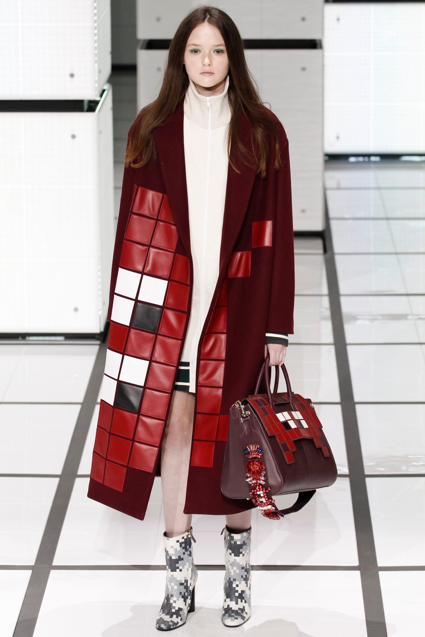 red wool long-sleeve collared relaxed layered buttoned coat