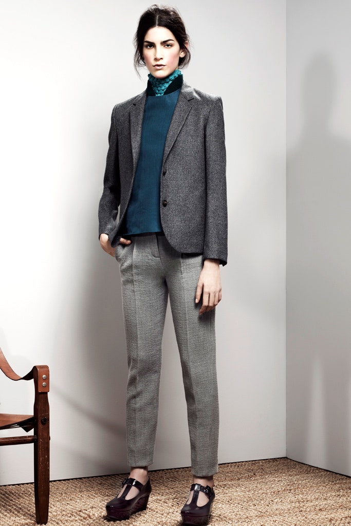 gray tailored blazer with teal top