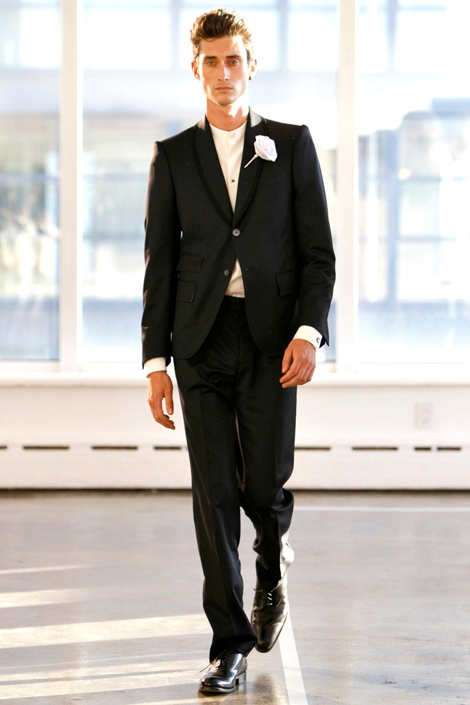 black tailored suit with white shirt