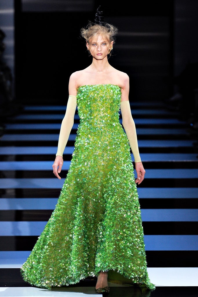 green sequined strapless gown