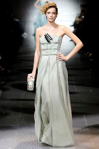 green silk strapless gown